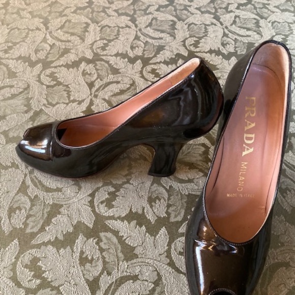 Prada Brown Patent Leather Peep Toe Pumps - Picture 6 of 9
